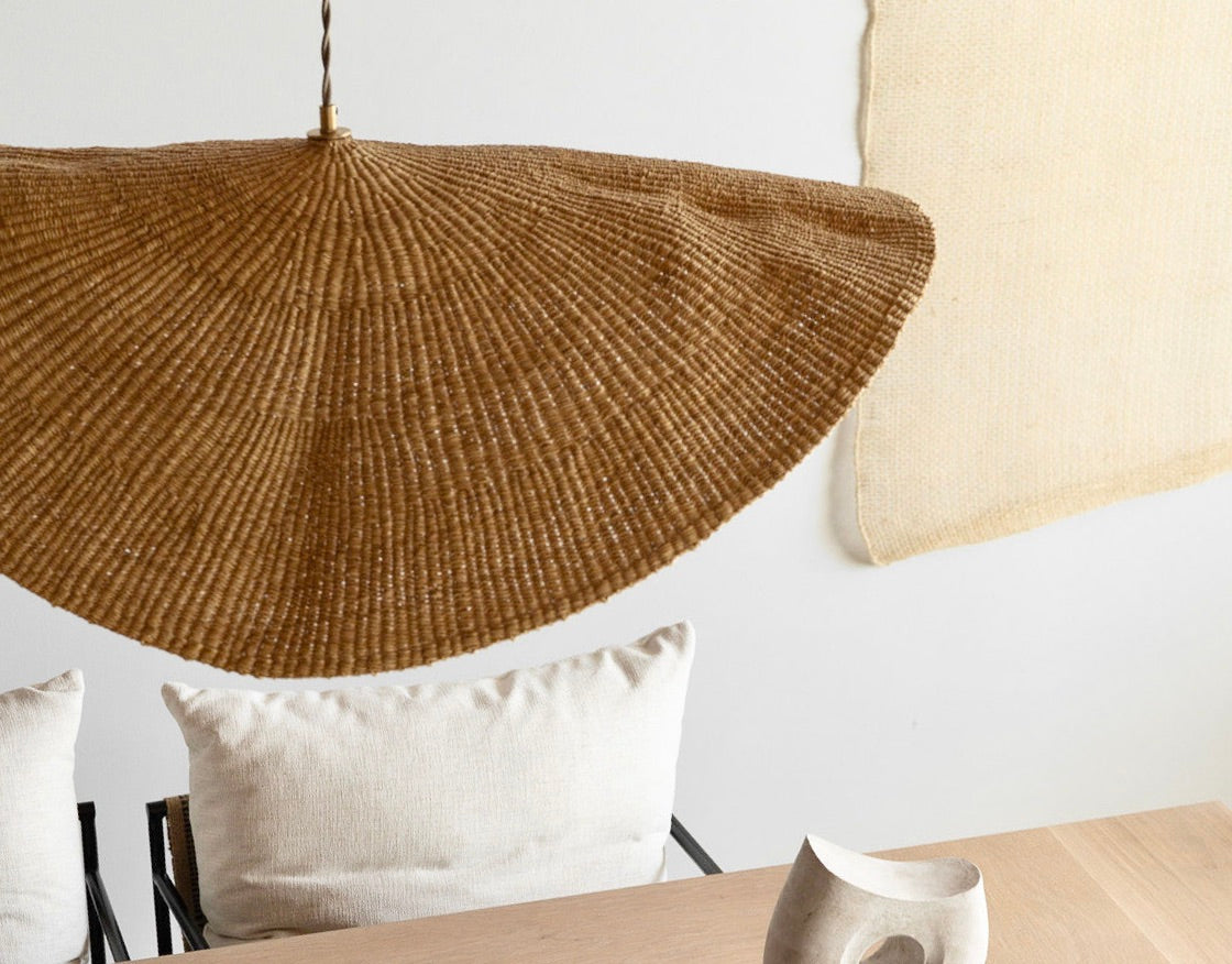 Showing the top of the hand woven Fawn pendant light shade with the wiring of the pendant fixture.