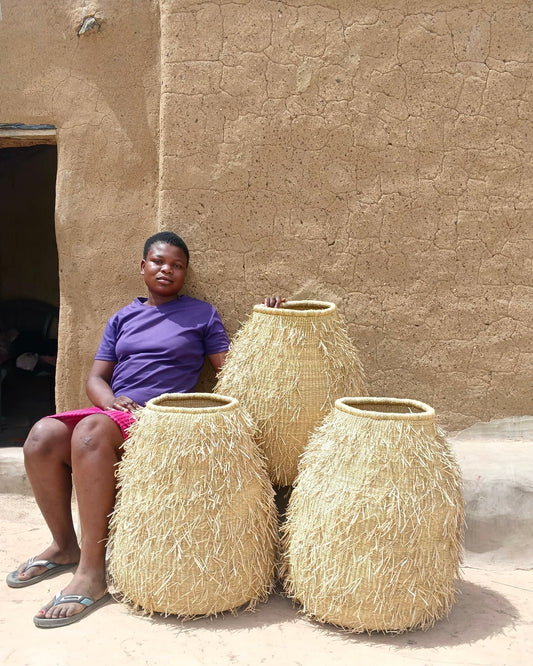 SWOPA artisan weaver Sirigu northern Ghana, handwoven elephant grass, traditional weaving craft