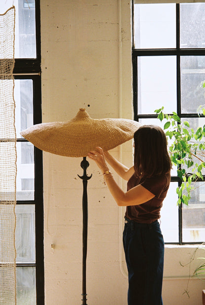 vintage tete de femme floor lamp with hand woven light shade