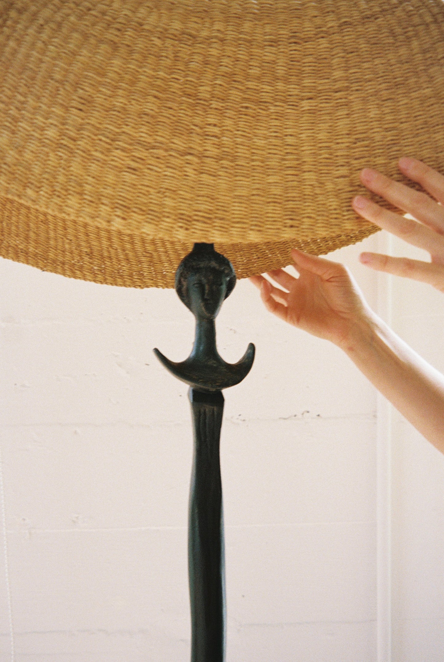 vintage iron floor lamp with woven light shade