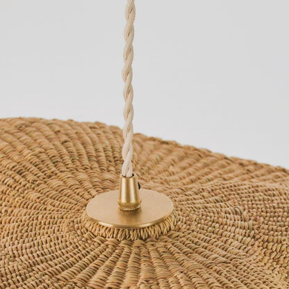 Showing the top of the hand woven Landslide pendant light shade with the wiring of the pendant fixture.