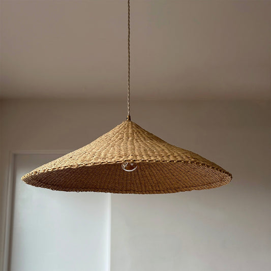 Sunhat Shade handwoven elephant grass shallow cone lampshade, organic modern pendant, SWOPA Ghana women artisans